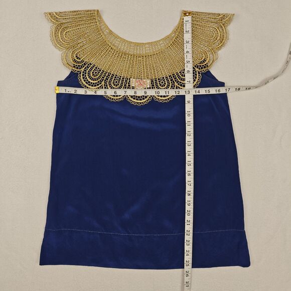 AKA New York Gold Lace Collar Blue Silk Blouse Size S Ornate Statement Regency - Picture 13 of 14